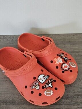 Crocs Classic Orange Sport Clog Longhorn Football Charms Women 9 Men 7 College